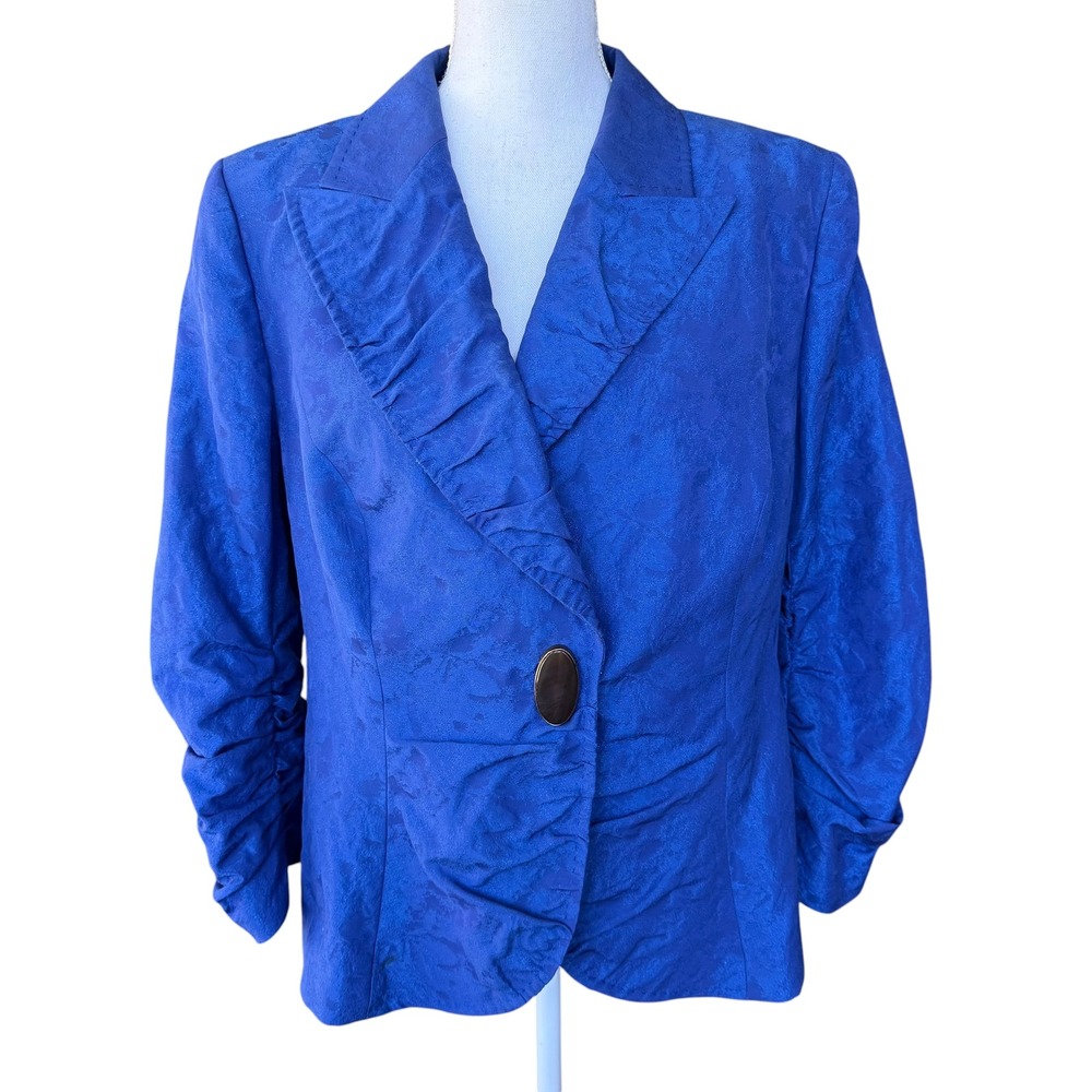 Escada Royal Blue Floral Jacquard Ruffle Blazer Ruched Sleeve Jacket Size 44